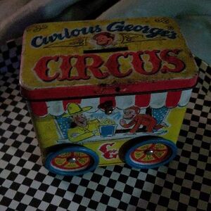 Rare Curious George Vintage Coin Bank And Circus Tin Toy Box - Yellow and Red